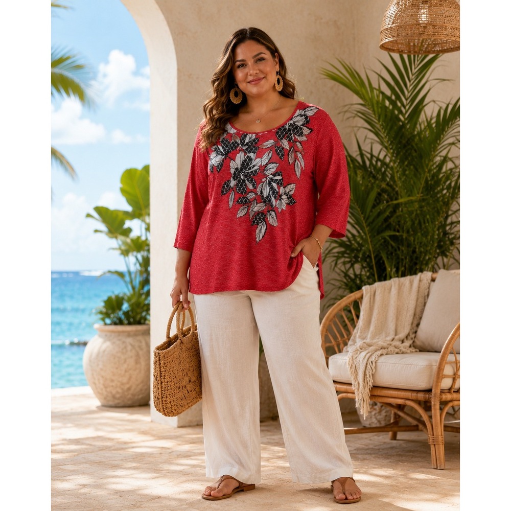 Alfred Dunner Red Floral‎ Textured 3/4 Sleeve Blouse Grandmacore Resortwear XL